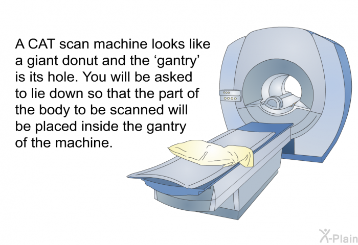 A CAT scan machine looks like a giant donut and the  gantry' is its hole. You will be asked to lie down so that the part of the body to be scanned will be placed inside the gantry of the machine.