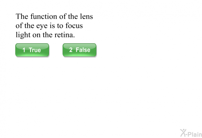 The function of the lens of the eye is to focus light on the retina. Press True or False