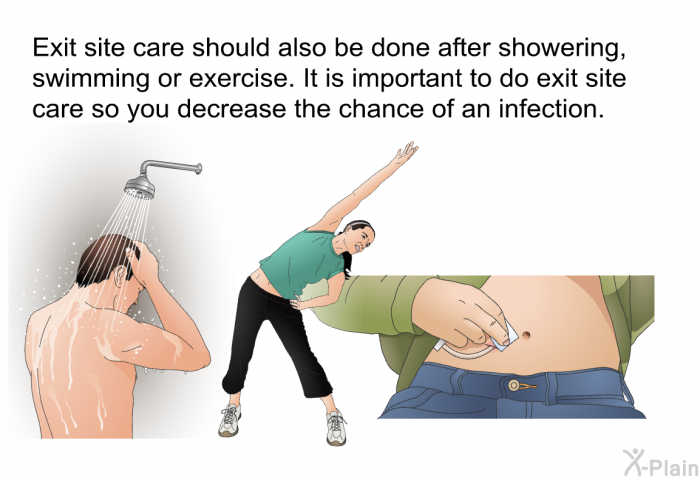 Exit site care should also be done after showering, swimming or exercise. It is important to do exit site care so you decrease the chance of an infection.