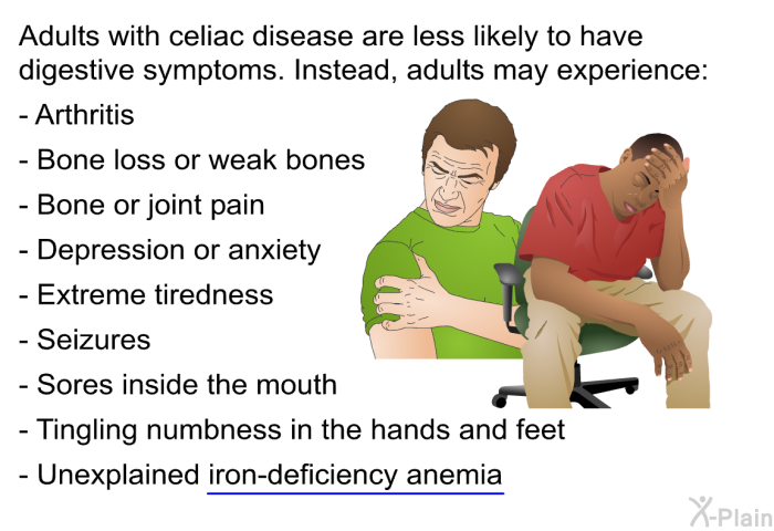 Adults with celiac disease are less likely to have digestive symptoms. Instead, adults may experience:  Arthritis Bone loss or weak bones Bone or joint pain Depression or anxiety Extreme tiredness Seizures Sores inside the mouth Tingling numbness in the hands and feet Unexplained iron-deficiency anemia