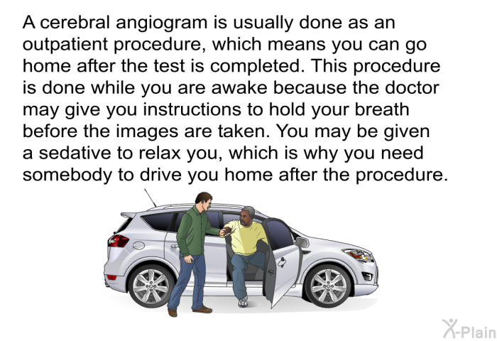 A cerebral angiogram is usually done as an outpatient procedure, which means you can go home after the test is completed. This procedure is done while you are awake because the doctor may give you instructions to hold your breath before the images are taken. You may be given a sedative to relax you, which is why you need somebody to drive you home after the procedure.