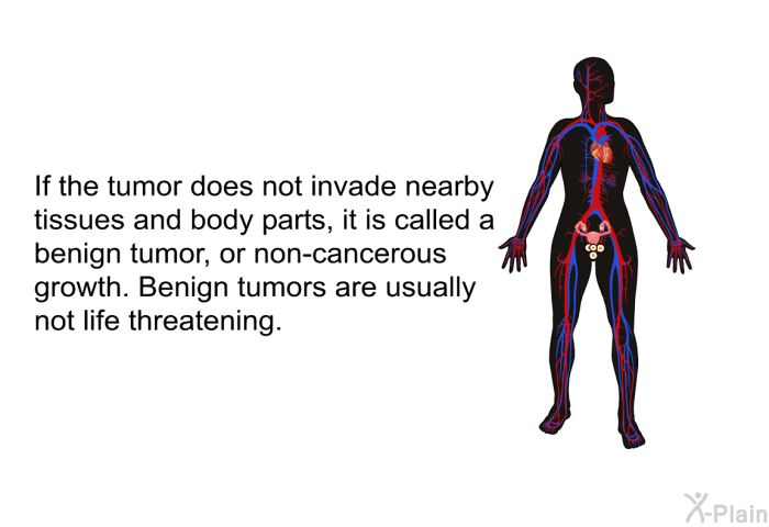 If the tumor does not invade nearby tissues and body parts, it is called a benign tumor, or non-cancerous growth. Benign tumors are usually not life threatening.