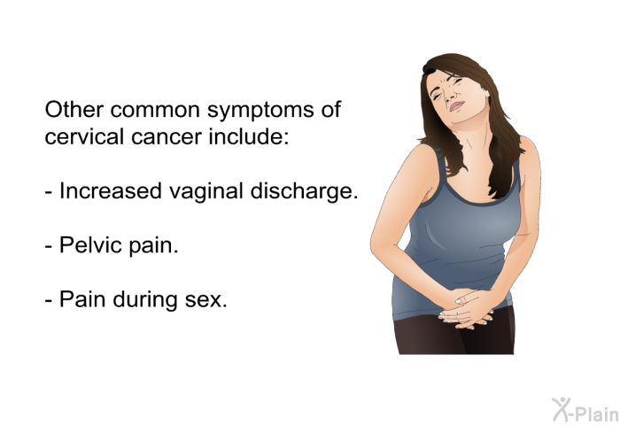 Other common symptoms of cervical cancer include:  Increased vaginal discharge. Pelvic pain. Pain during sex.