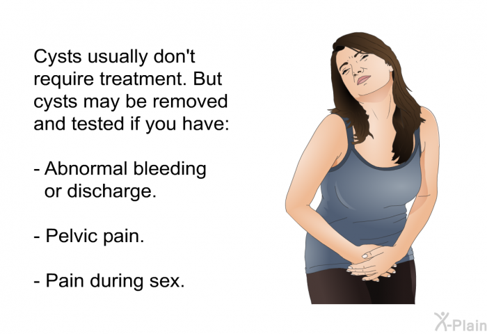 Cysts usually don't require treatment. But cysts may be removed and tested if you have:  Abnormal bleeding or discharge. Pelvic pain. Pain during sex.