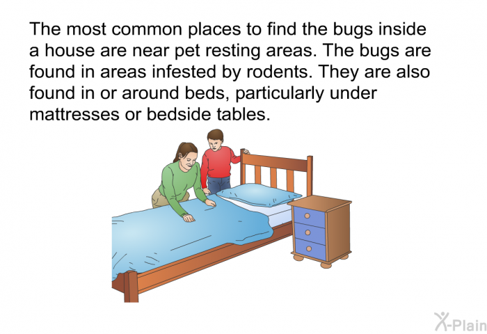 The most common places to find the bugs inside a house are near pet resting areas. The bugs are found in areas infested by rodents. They are also found in or around beds, particularly under mattresses or bedside tables.