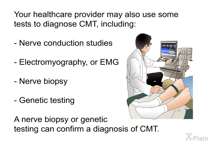 Your healthcare provider may also use some tests to diagnose CMT, including:  Nerve conduction studies Electromyography, or EMG Nerve biopsy Genetic testing 
 A nerve biopsy or genetic testing can confirm a diagnosis of CMT.