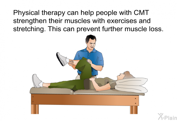 Physical therapy can help people with CMT strengthen their muscles with exercises and stretching. This can prevent further muscle loss.