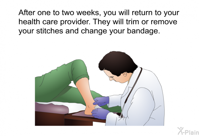 After one to two weeks, you will return to your health care provider. They will trim or remove your stitches and change your bandage.