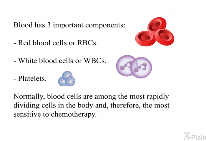Blood has 3 important components:  Red blood cells or RBCs. White blood cells or WBCs. Platelets.  
 Normally, blood cells are among the most rapidly dividing cells in the body and, therefore, the most sensitive to chemotherapy.