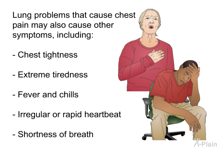 Lung problems that cause chest pain may also cause other symptoms, including:  Chest tightness Extreme tiredness Fever and chills Irregular or rapid heartbeat Shortness of breath
