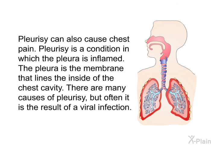 Pleurisy can also cause chest pain. Pleurisy is a condition in which the pleura is inflamed. The pleura is the membrane that lines the inside of the chest cavity. There are many causes of pleurisy, but often it is the result of a viral infection.