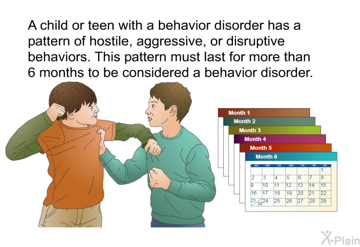A child or teen with a behavior disorder has a pattern of hostile, aggressive or disruptive behaviors. This pattern must last for more than 6 months to be considered a behavior disorder.