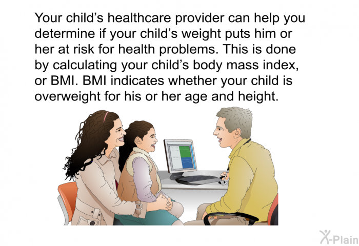 Your child's healthcare provider can help you determine if your child's weight puts him or her at risk for health problems. This is done by calculating your child's body mass index, or BMI. BMI indicates whether your child is overweight for his or her age and height.