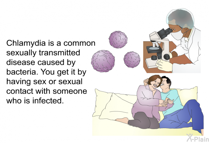 Chlamydia is a common sexually transmitted disease caused by bacteria. You get it by having sex or sexual contact with someone who is infected.