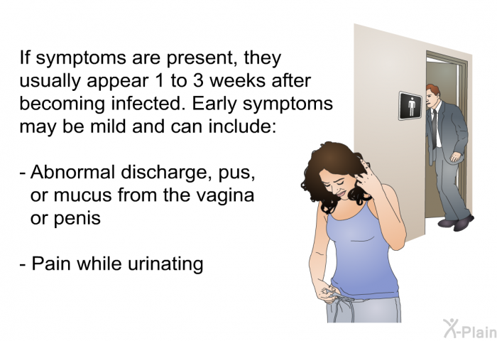 If symptoms are present, they usually appear 1 to 3 weeks after becoming infected. Early symptoms may be mild and can include:  Abnormal discharge, pus, or mucus from the vagina or penis Pain while urinating
