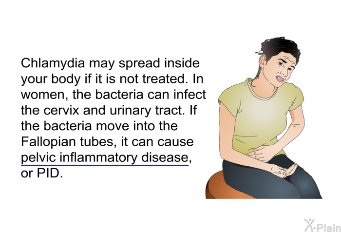 Chlamydia may spread inside your body if it is not treated. In women, the bacteria can infect the cervix and urinary tract. If the bacteria move into the Fallopian tubes, it can cause pelvic inflammatory disease, or PID.