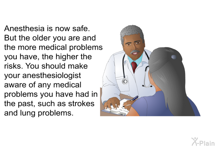Anesthesia is now safe. But the older you are and the more medical problems you have, the higher the risks. You should make your anesthesiologist aware of any medical problems you have had in the past, such as strokes and lung problems.