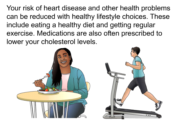 Your risk of heart disease and other health problems can be reduced with healthy lifestyle choices. These include eating a healthy diet and getting regular exercise. Medications are also often prescribed to lower your cholesterol levels.