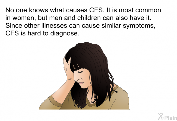 No one knows what causes CFS. It is most common in women, but men and children can also have it. Since other illnesses can cause similar symptoms, CFS is hard to diagnose.