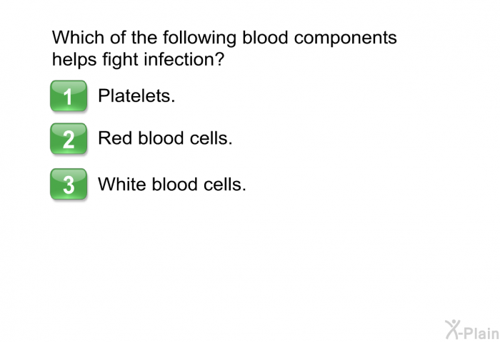 Which of the following blood components helps fight infection?  Platelets. Red blood cells. White blood cells.