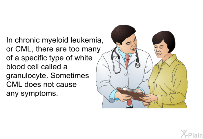 In chronic myeloid leukemia, or CML, there are too many of a specific type of white blood cell called a granulocyte. Sometimes CML does not cause any symptoms.