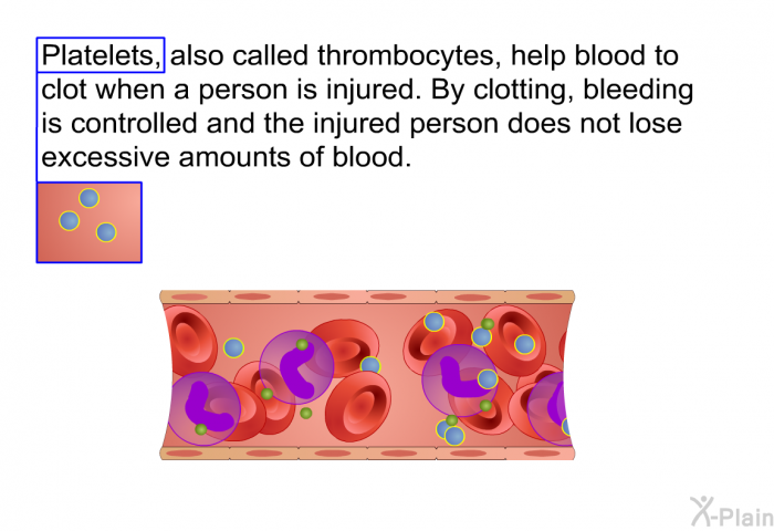 Platelets, also called thrombocytes, help blood to clot when a person is injured. By clotting, bleeding is controlled and the injured person does not lose excessive amounts of blood.