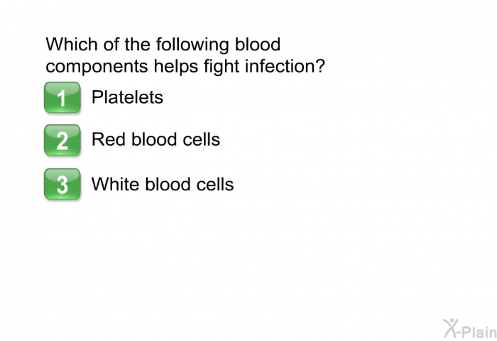 Which of the following blood components helps fight infection? Choose one of the following.  Platelets Red blood cells White blood cells