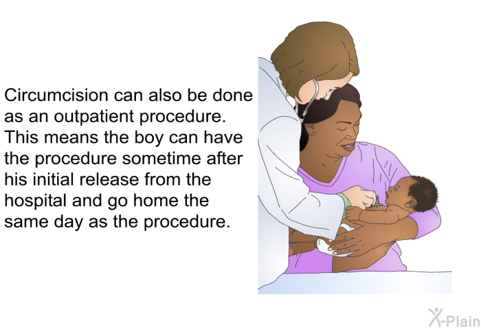 Circumcision can also be done as an outpatient procedure. This means the boy can have the procedure sometime after his initial release from the hospital and go home the same day as the procedure.