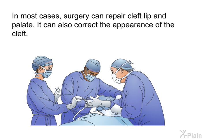 In most cases, surgery can repair cleft lip and palate. It can also correct the appearance of the cleft.