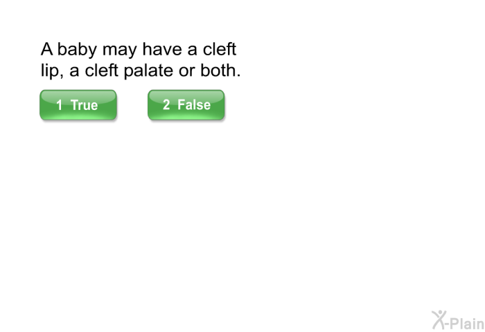 A baby may have a cleft lip, a cleft palate or both.