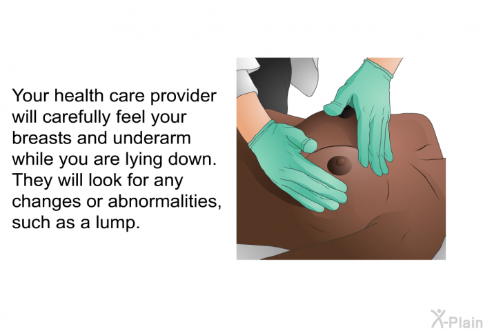 Your health care provider will carefully feel your breasts and underarm while you are lying down. They will look for any changes or abnormalities, such as a lump.