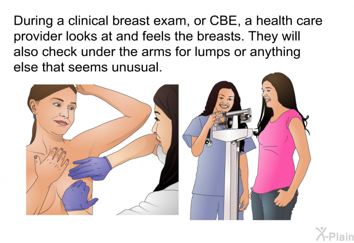 During a clinical breast exam, or CBE, a health care provider looks at and feels the breasts. They will also check under the arms for lumps or anything else that seems unusual.