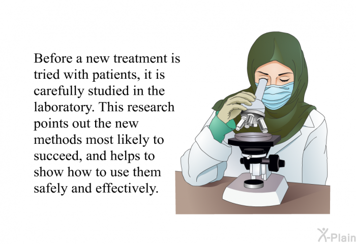 Before a new treatment is tried with patients, it is carefully studied in the laboratory. This research points out the new methods most likely to succeed, and helps to show how to use them safely and effectively.