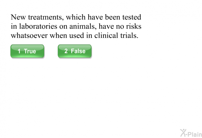 New treatments which have been tested in laboratories on animals, have no risks whatsoever when used in clinical trials.