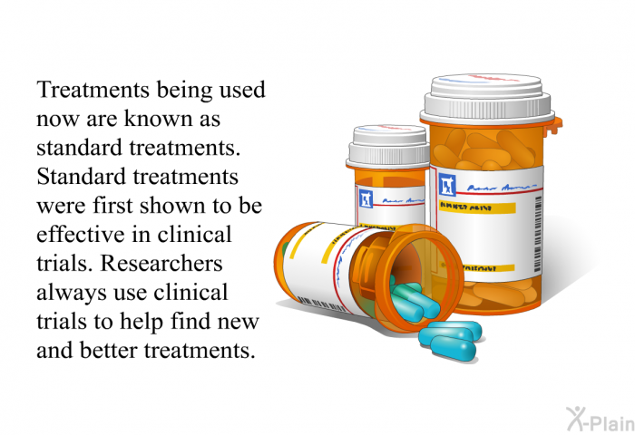 Treatments being used now are known as standard treatments. Standard treatments were first shown to be effective in clinical trials. Researchers always use clinical trials to help find new and better treatments.