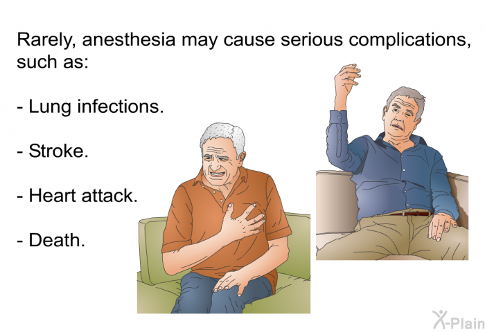 Rarely, anesthesia may cause serious complications, such as:  Lung infections. Stroke. Heart attack. Death.