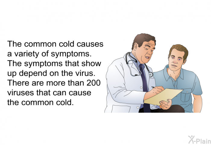The common cold causes a variety of symptoms. The symptoms that show up depend on the virus. There are more than 200 viruses that can cause the common cold.