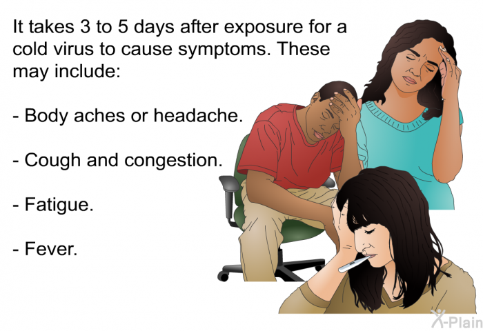 It takes 3 to 5 days after exposure for a cold virus to cause symptoms. These may include:  Body aches or headache. Cough and congestion. Fatigue. Fever.