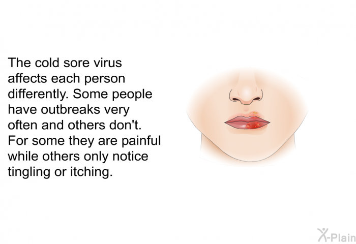 The cold sore virus affects each person differently. Some people have outbreaks very often and others don't. For some they are painful while others only notice tingling or itching.