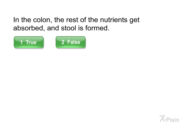 In the colon, the rest of the nutrients get absorbed, and stool is formed.