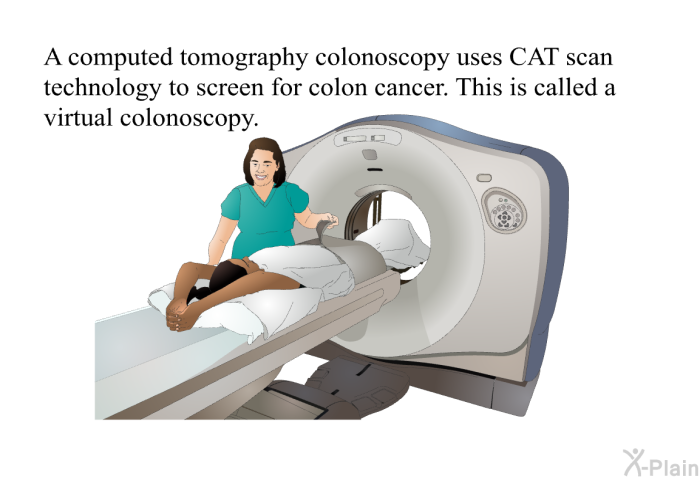 A computed tomography colonoscopy uses CAT scan technology to screen for colon cancer. This is called a virtual colonoscopy.