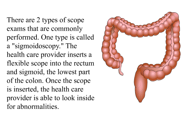 There are 2 types of scope exams that are commonly performed. One type is called a "sigmoidoscopy." The health care provider inserts a flexible scope into the rectum and sigmoid, the lowest part of the colon. Once the scope is inserted, the health care provider is able to look inside for abnormalities.