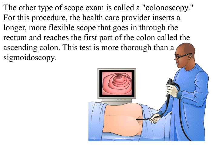The other type of scope exam is called a "colonoscopy." For this procedure, the health care provider inserts a longer, more flexible scope that goes in through the rectum and reaches the first part of the colon called the ascending colon. This test is more thorough than a sigmoidoscopy.