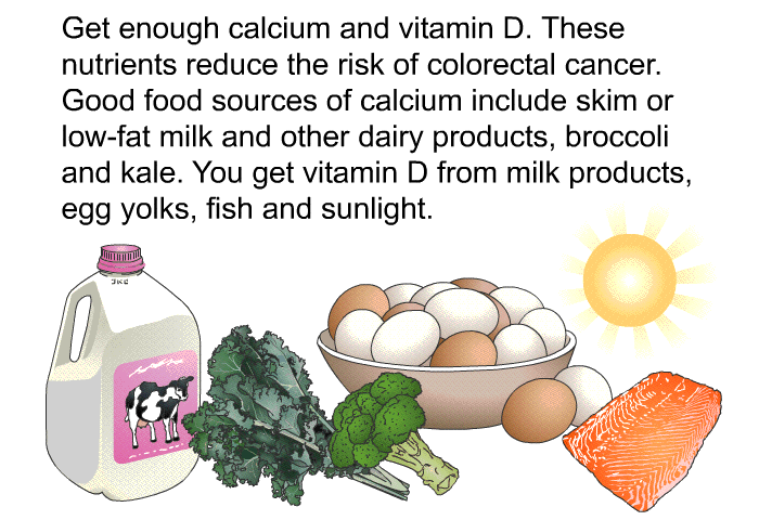 Get enough calcium and vitamin D. These nutrients reduce the risk of colorectal cancer. Good food sources of calcium include skim or low-fat milk and other dairy products, broccoli and kale. You get vitamin D from milk products, egg yolks, fish and sunlight.