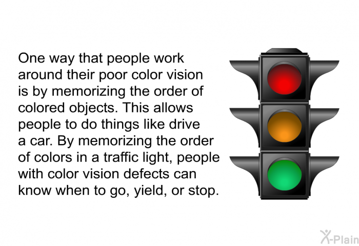 One way that people work around their poor color vision is by memorizing the order of colored objects. This allows people to do things like drive a car. By memorizing the order of colors in a traffic light, people with color vision defects can know when to go, yield, or stop.