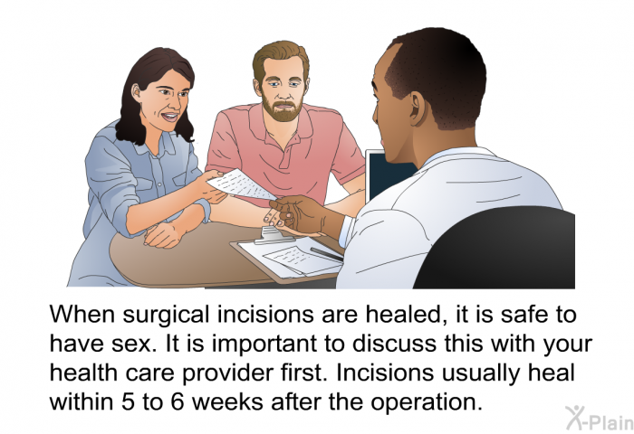 When surgical incisions are healed, it is safe to have sex. It is important to discuss this with your health care provider first. Incisions usually heal within 5 to 6 weeks after the operation.