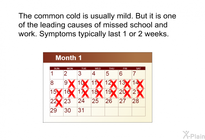 The common cold is usually mild with symptoms lasting 1 to 2 weeks. However, it is a leading cause of doctor visits and missed days from school and work.
