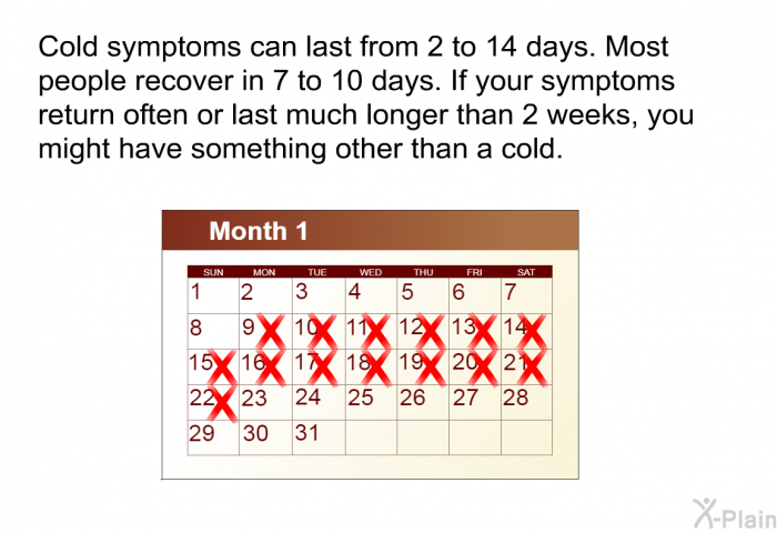 Cold symptoms can last from 2 to 14 days. Most people recover in 7 to 10 days. If your symptoms return often or last much longer than 2 weeks, you might have something other than a cold.