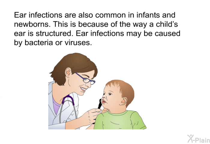Ear infections are also common in infants and newborns. This is because of the way a child's ear is structured. Ear infections may be caused by bacteria or viruses.