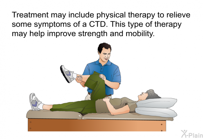 Treatment may include physical therapy to relieve some symptoms of a CTD. This type of therapy may help improve strength and mobility.